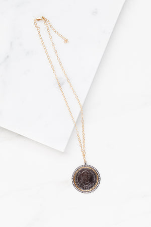 Find the perfect necklace you're looking for from Charme Silkiner! This beautiful 14K Gold Filled Chain Necklace with black stamped coin pendant and CZ pave accents is perfection. Great for layering or wearing alone the Easton Necklace is the perfect piece of unique jewelry that everyone should own.