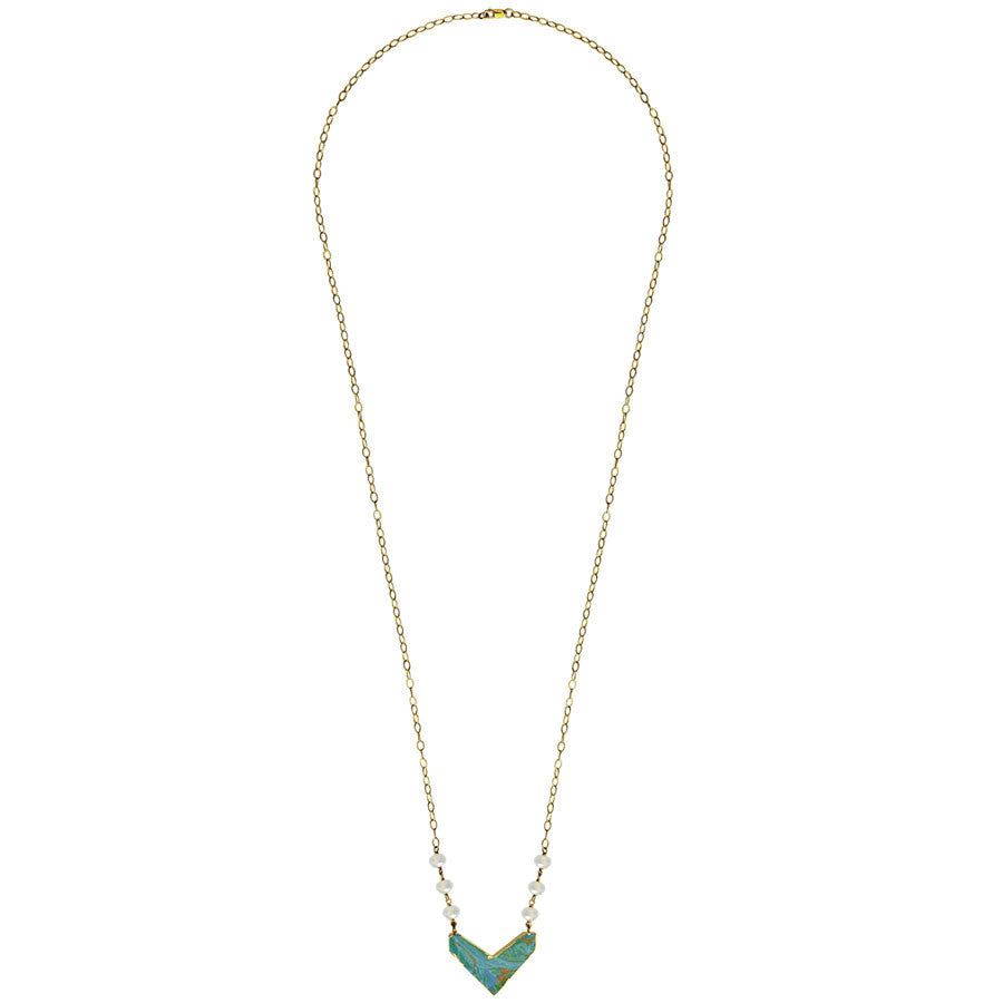 jasper chevron pendant, 14k gold filled chain, Turquoise, Pink, Blue