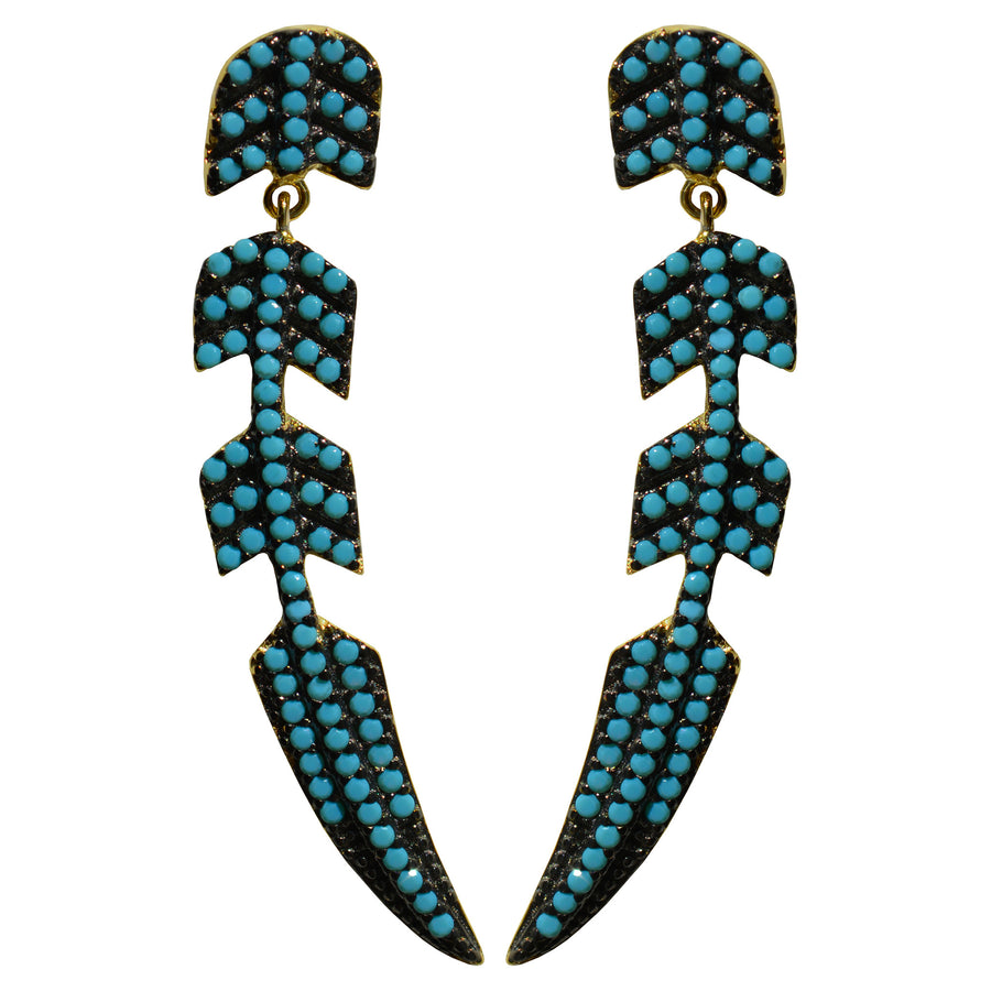 turquoise feather drop CZ pave‘ post earrings