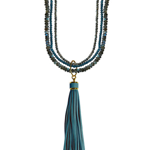 labradorite blue topaz removable blue leather tassel necklace 