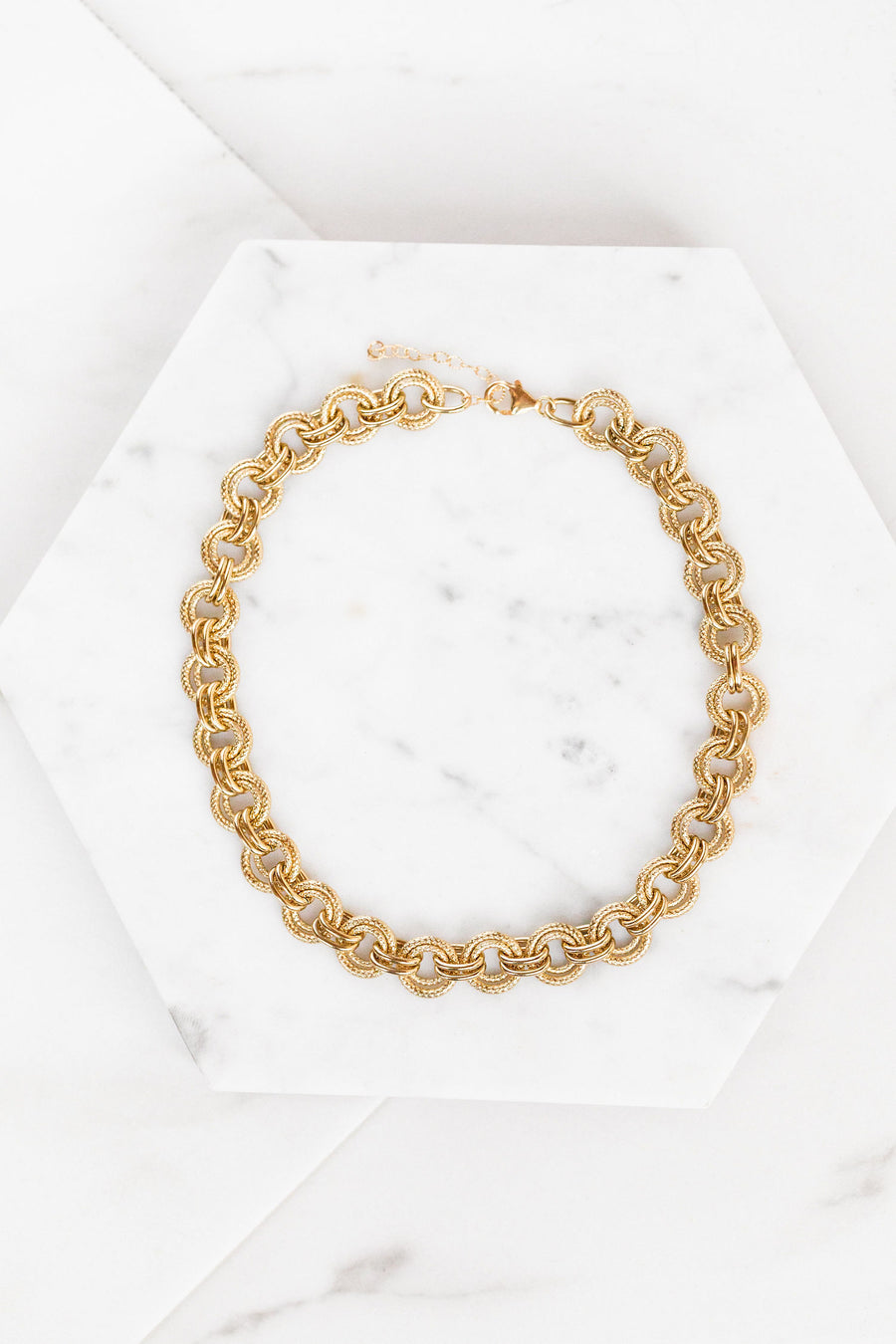 Find the perfect necklace you're looking for from Charme Silkiner! This beautiful chunky 14K Gold Overlay Necklace with amazing textured detail is pure perfection. Great for layering or wearing alone the Blaine Necklace is the perfect piece of unique jewelry that everyone should own. 