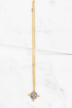 Find the perfect necklace you're looking for from Charme Silkiner! This beautiful 14K Gold Chain Necklace with a replica Roman medallion is perfection. Great for layering or wearing alone the Dior Necklace is the perfect piece of unique jewelry that everyone should own.