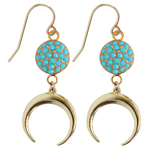 drop earrings with faceted disc gold crescent faceted Coral, Turquoise