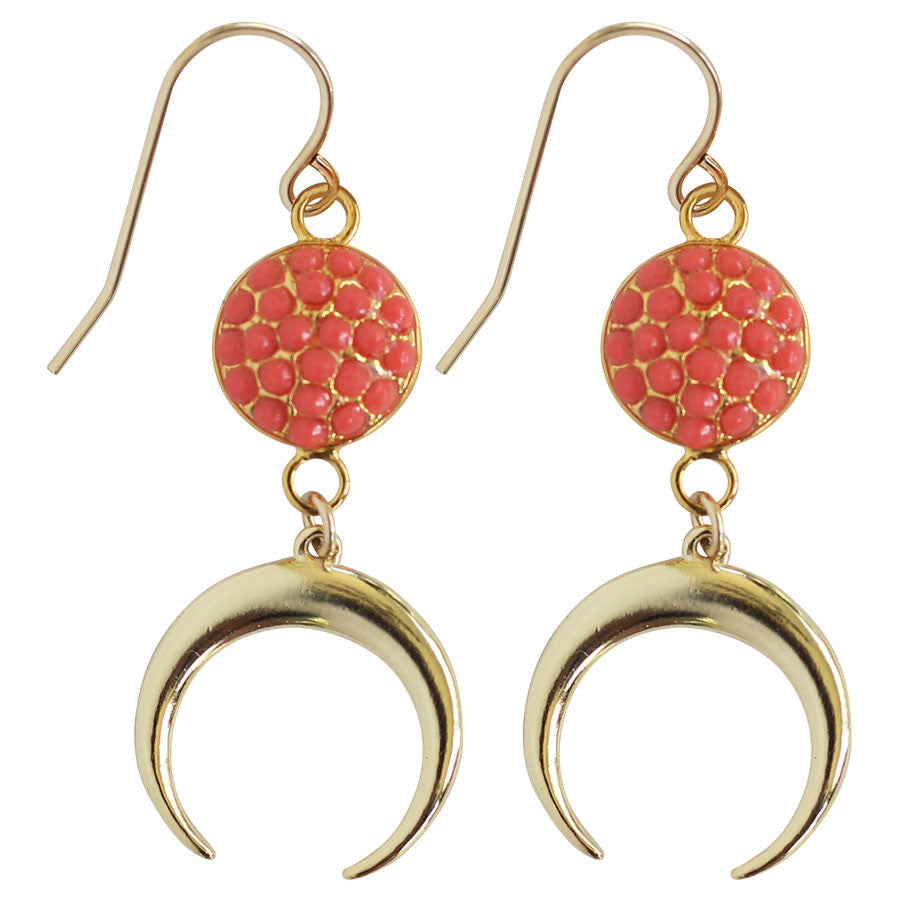 drop earrings with faceted disc gold crescent faceted Coral, Turquoise