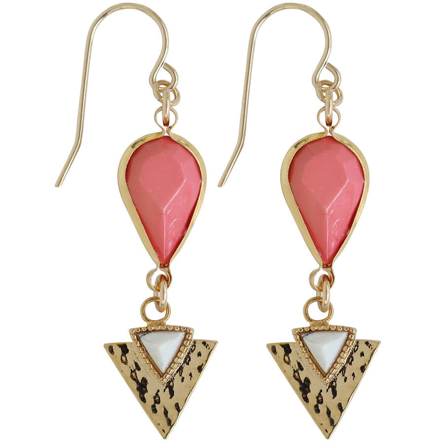coral drop earrings with white triangle arrow, gold