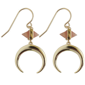 drop earrings with pink and gold charm and gold crescent Gold