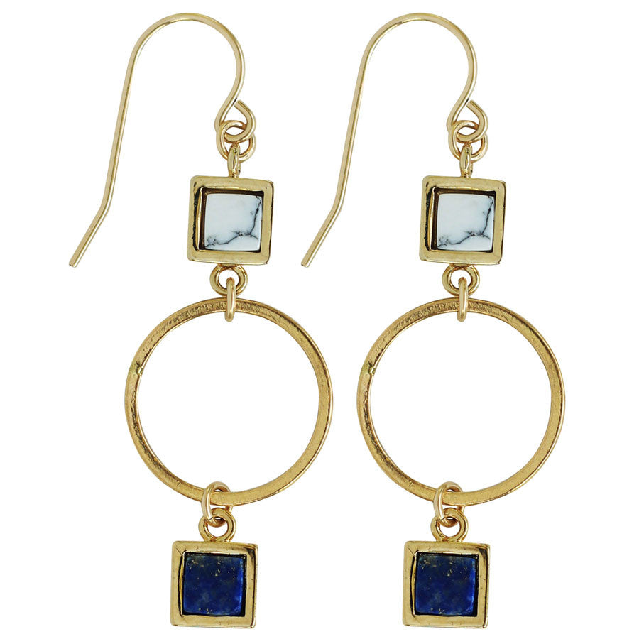 1” drop earrings with white marble, blue lapis, gold hoop. Gold
