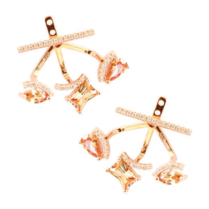 CZ pyramid ear jackets, gold, faceted blush stone 
