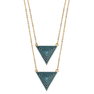 gold turquoise CZ pavé triangle layered necklace, double triangles 16" with 2" extender