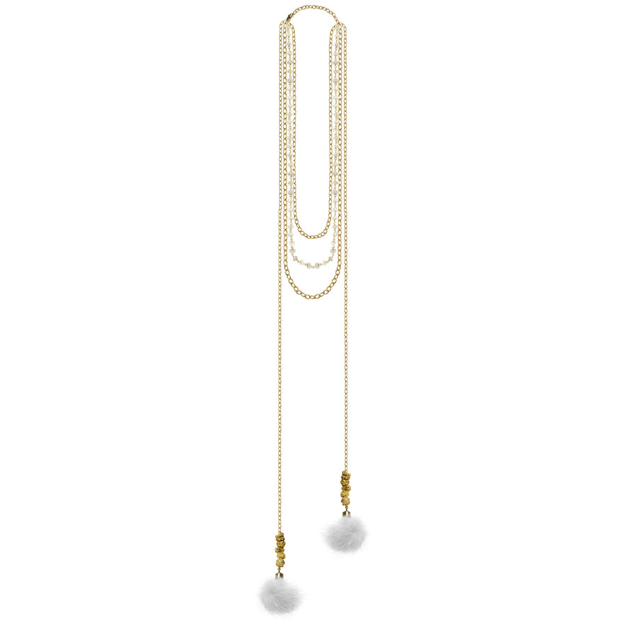 gold chain white sapphire pyrite nuggets mink poof pendant necklace 