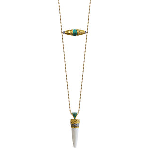 long gold necklace Nepal bead turquoise horn spike 